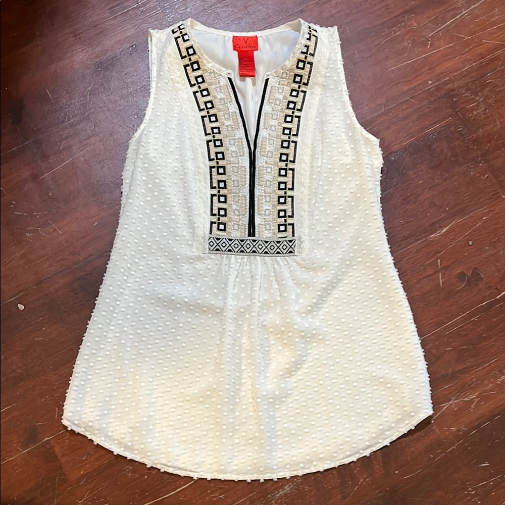 V Cristina White Sleeveless Embellished Swiss Dot Tunic